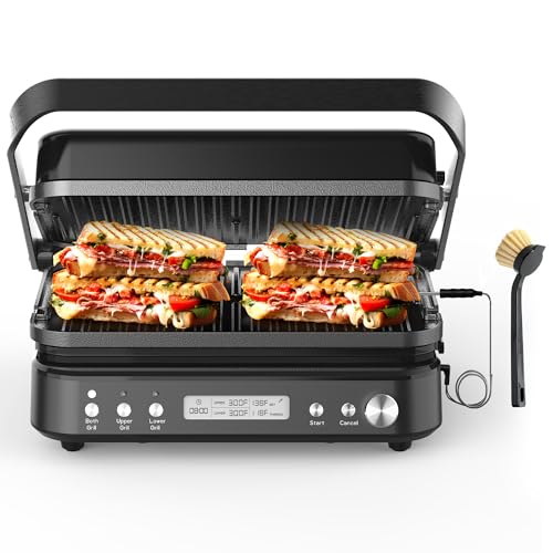 6 in 1 Electric Contact Grill and Griddle with Waffle Plates and Probe