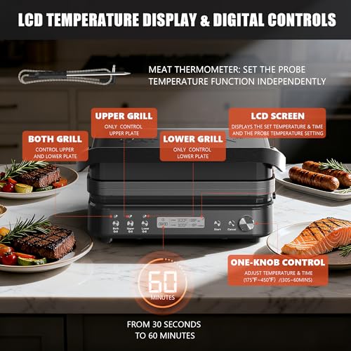 6 in 1 Electric Contact Grill and Griddle with Waffle Plates and Probe