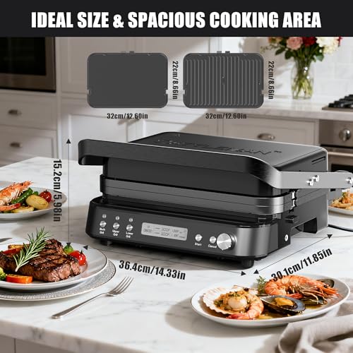 6 in 1 Electric Contact Grill and Griddle with Waffle Plates and Probe