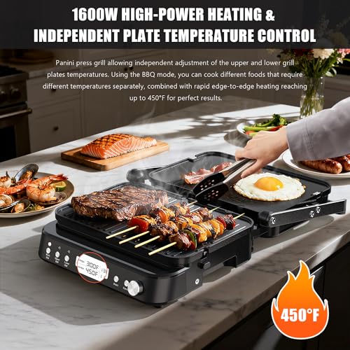 6 in 1 Electric Contact Grill and Griddle with Waffle Plates and Probe