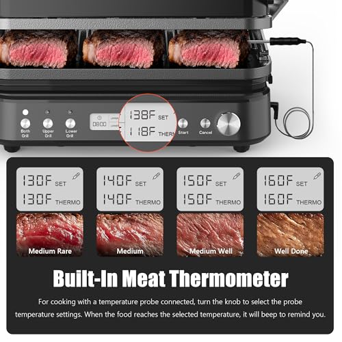 6 in 1 Electric Contact Grill and Griddle with Waffle Plates and Probe