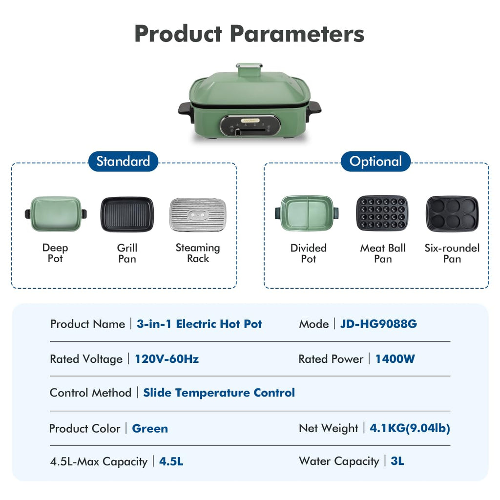 3 in 1 Electric Hot Pot with Grill Pan Steamer and Ceramic Coating