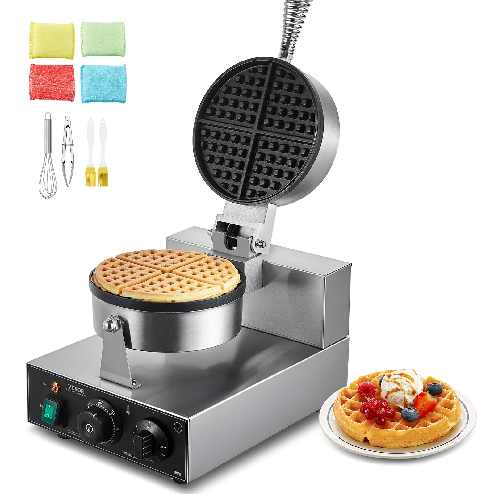 Commercial Stainless Steel Waffle Maker with Browning and Timer Control