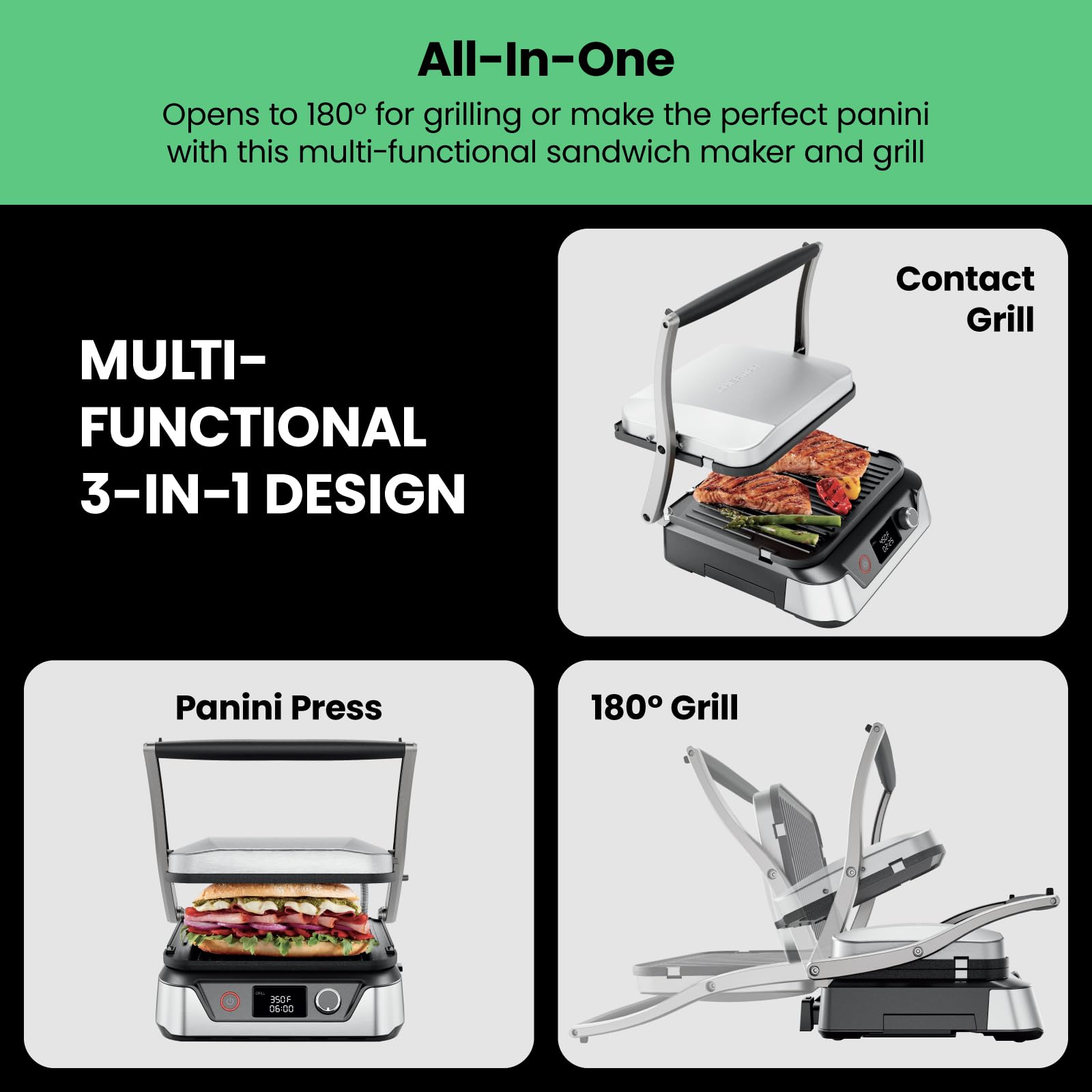 4 Slice Panini Press and Contact Grill with 180 Degree Opening