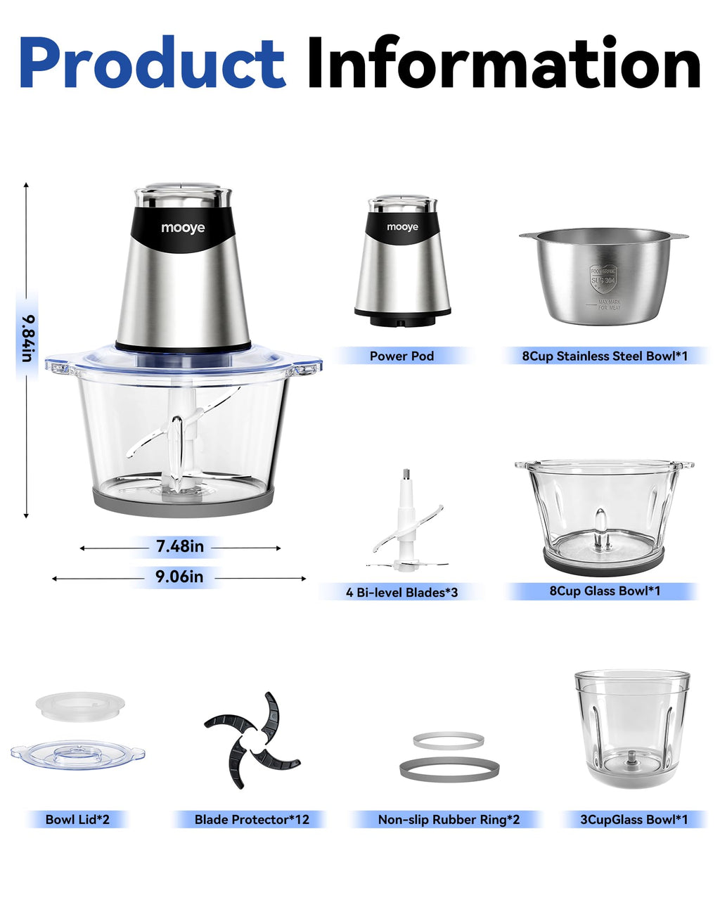 Electric Food Chopper Meat Grinder with Three Bowls and Copper Motor