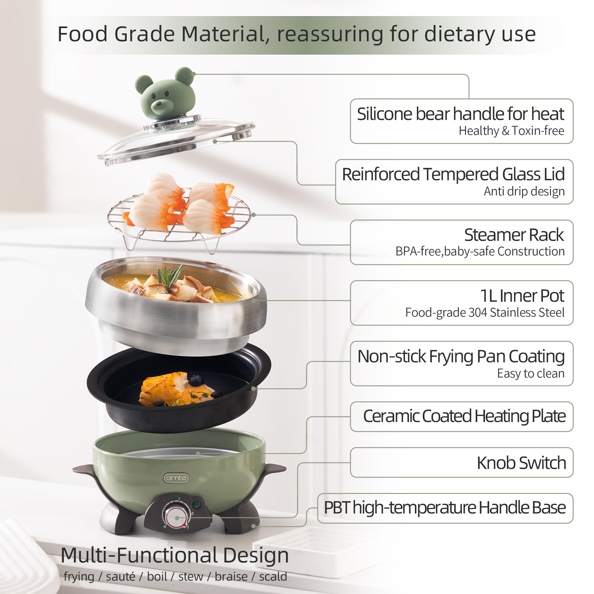 1L Portable 3 in 1 Electric Hot Pot Mini Cooker for Steam Boil and Fry