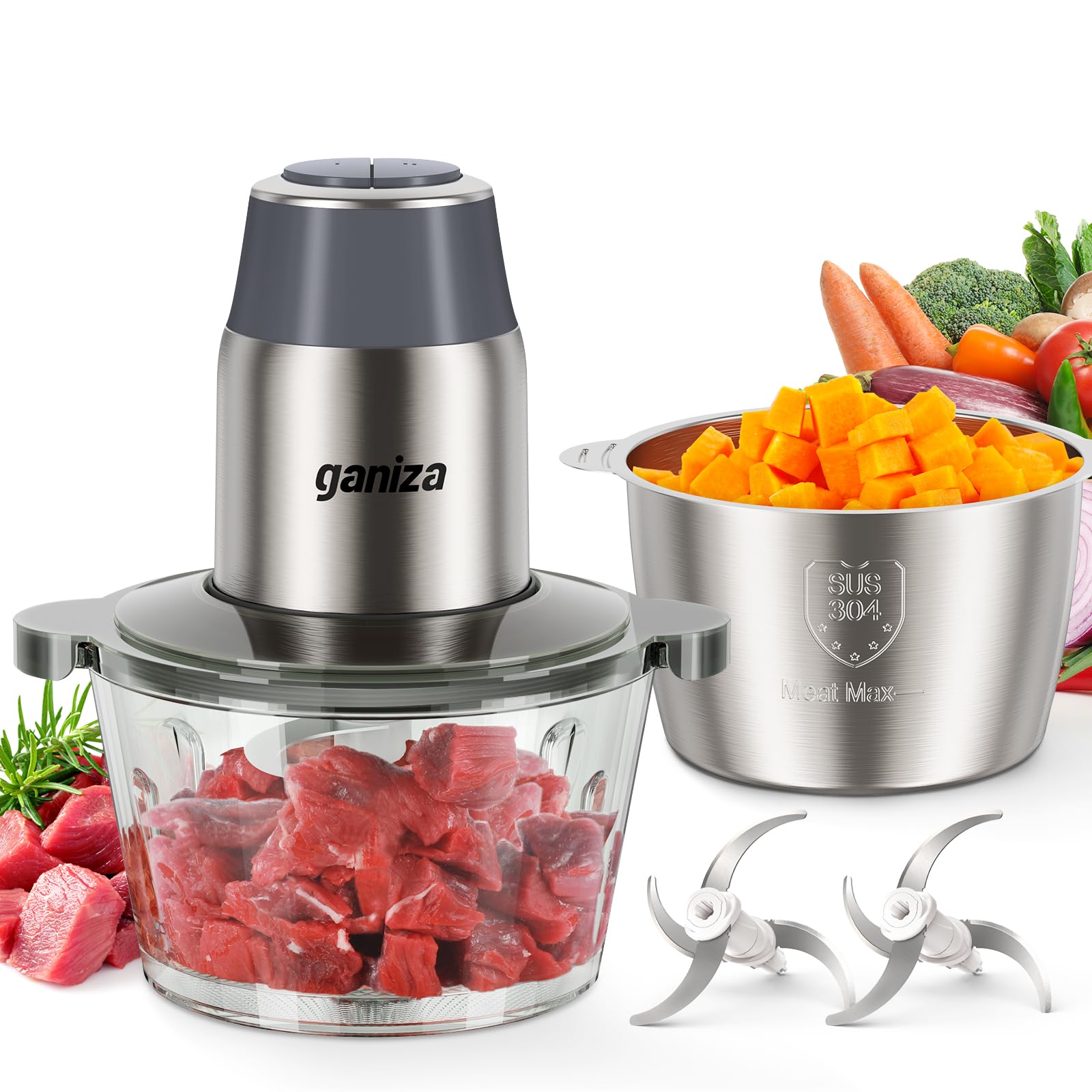 450W Electric Food Chopper and Meat Grinder with Two 8 Cup Bowls