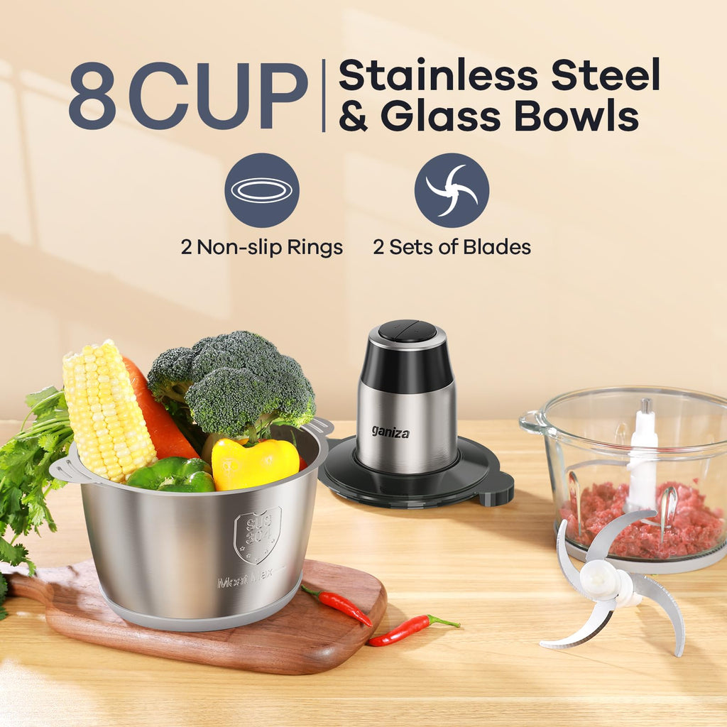 450W Electric Food Chopper and Meat Grinder with Two 8 Cup Bowls