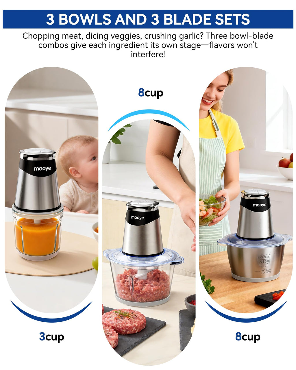 Electric Food Chopper Meat Grinder with Three Bowls and Copper Motor