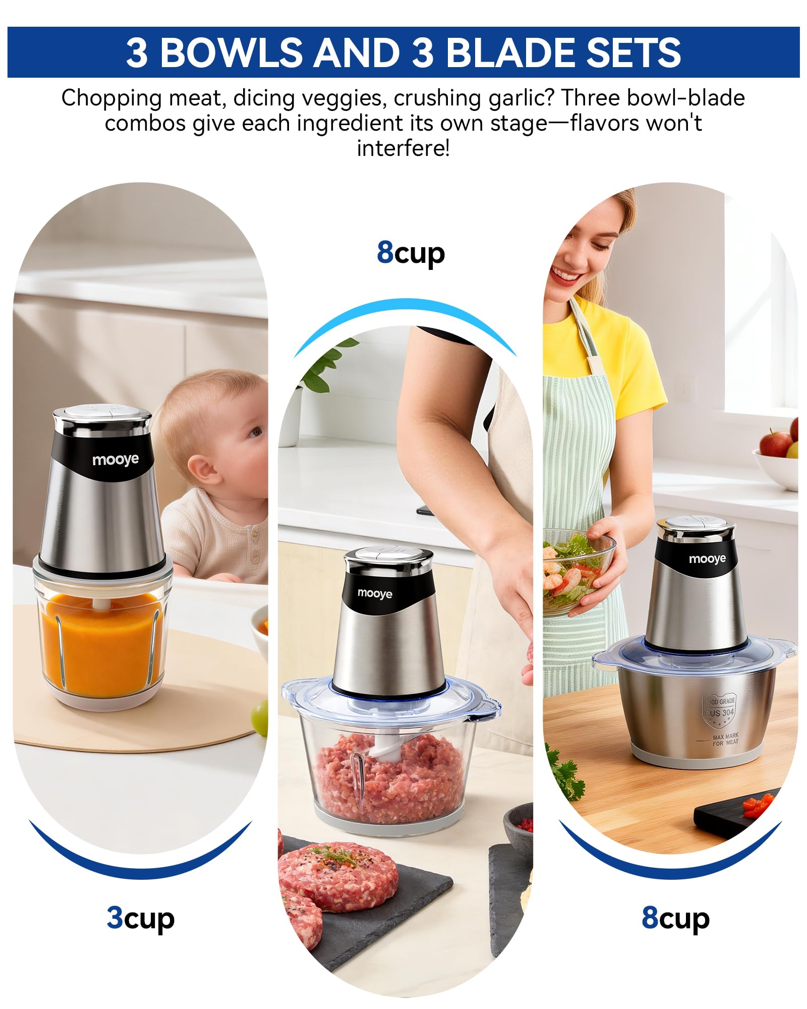 Electric Food Chopper Meat Grinder with Three Bowls and Copper Motor
