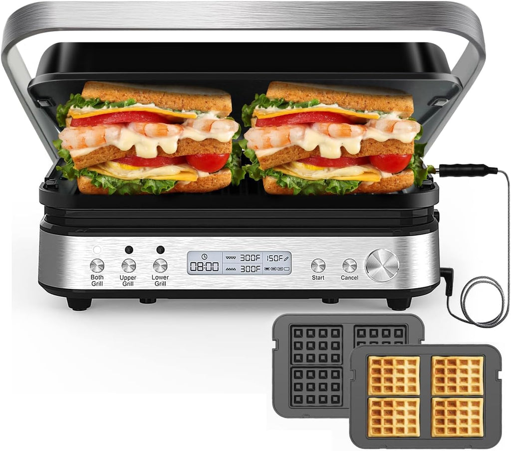 6 in 1 Electric Contact Grill and Griddle with Waffle Plates and Probe