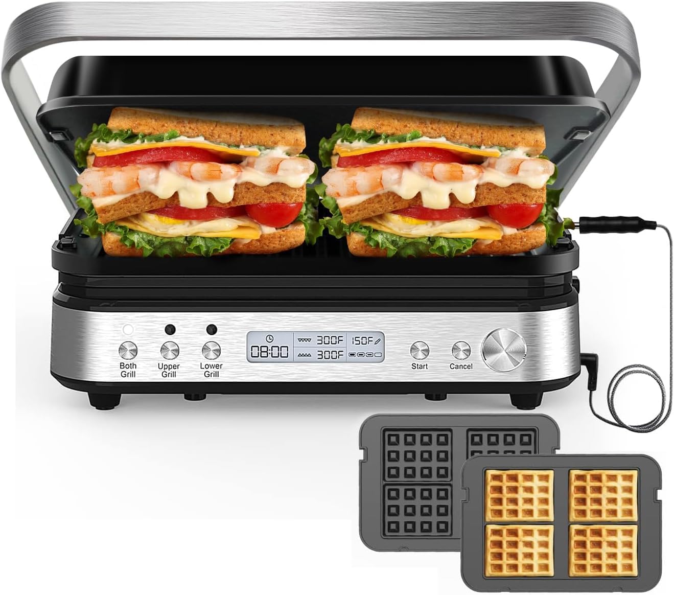 6 in 1 Electric Contact Grill and Griddle with Waffle Plates and Probe