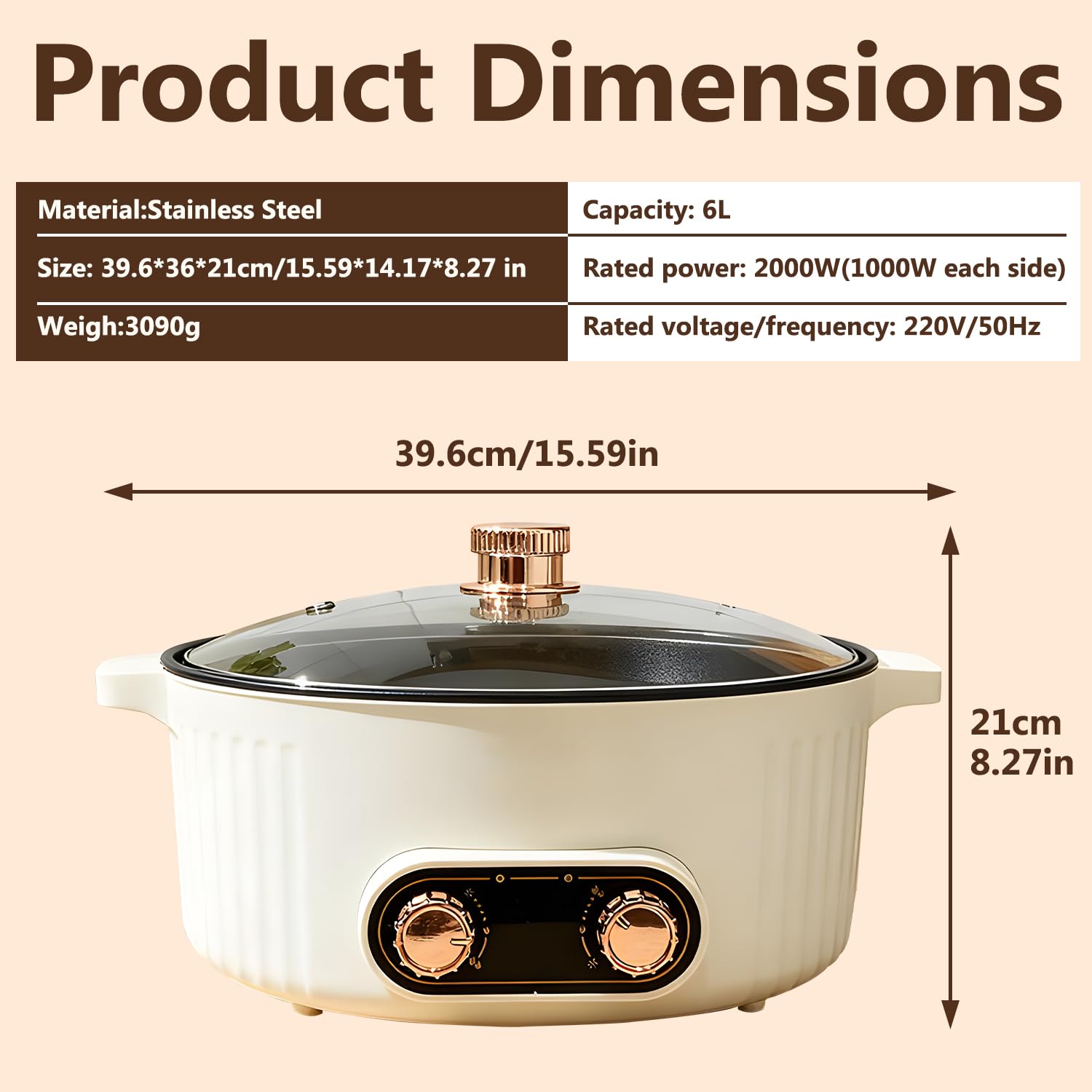 6L Four Compartment Multifunction Electric Hot Pot and Slow Cooker