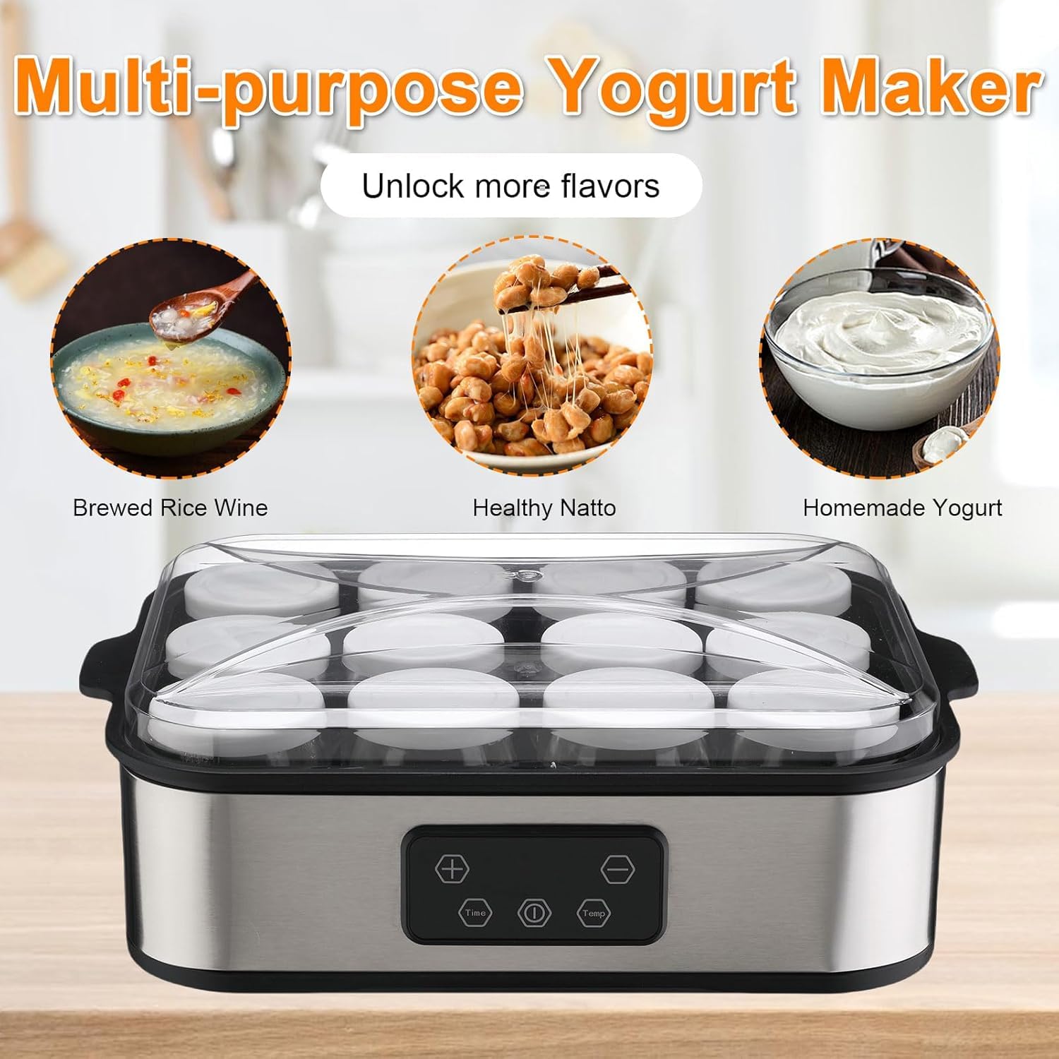 12 Jar Digital Yogurt Maker with Adjustable Temperature and 48 Hour Timer