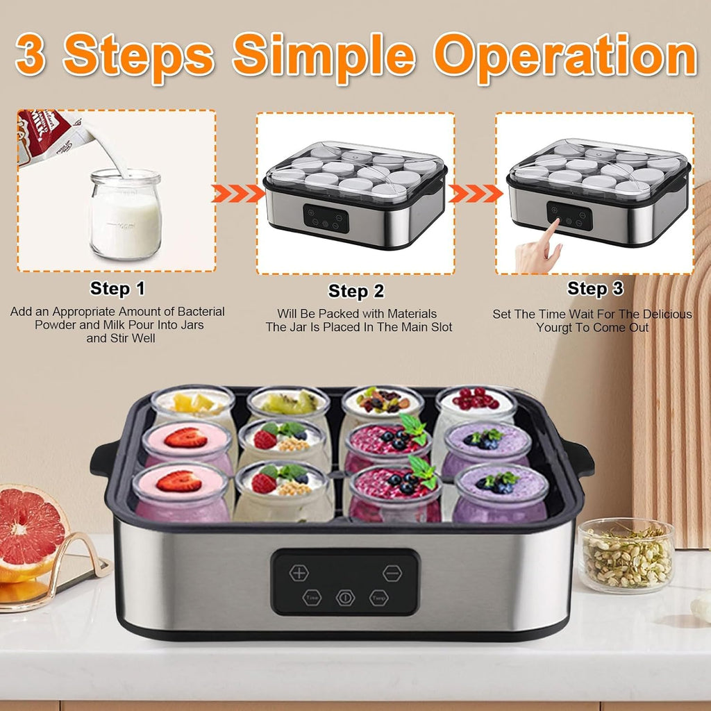 12 Jar Digital Yogurt Maker with Adjustable Temperature and 48 Hour Timer