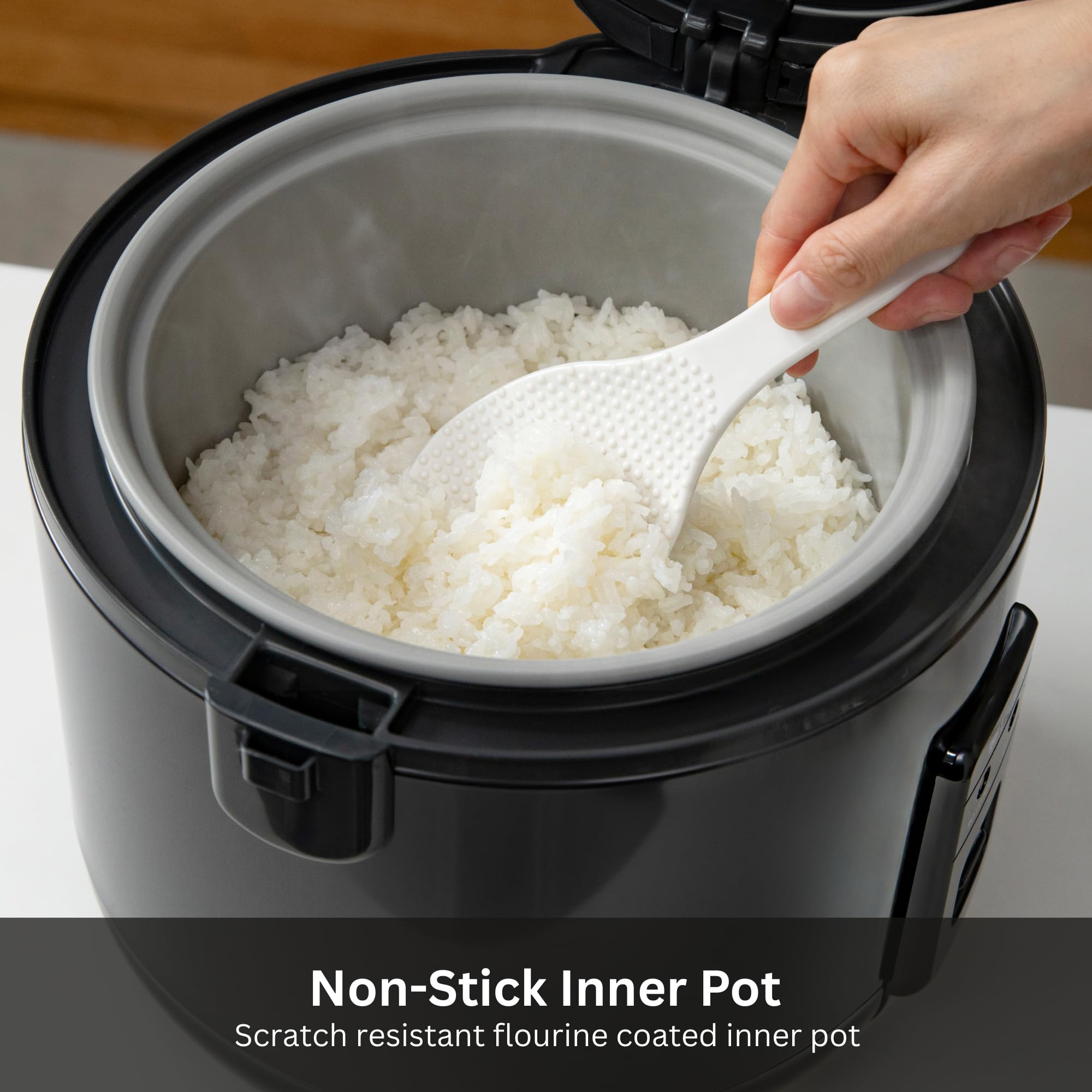 White Rice Cooker with Nonstick Pot Retractable Cord and 12 Hour Keep Warm
