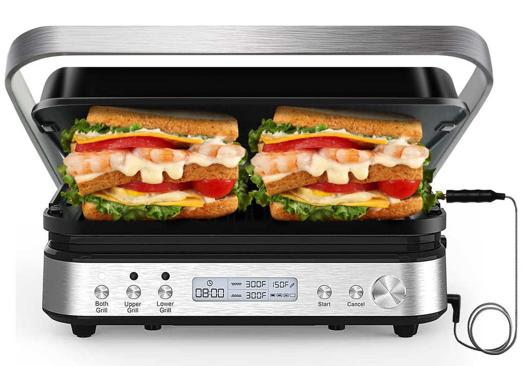 6 in 1 Electric Contact Grill and Griddle with Waffle Plates and Probe