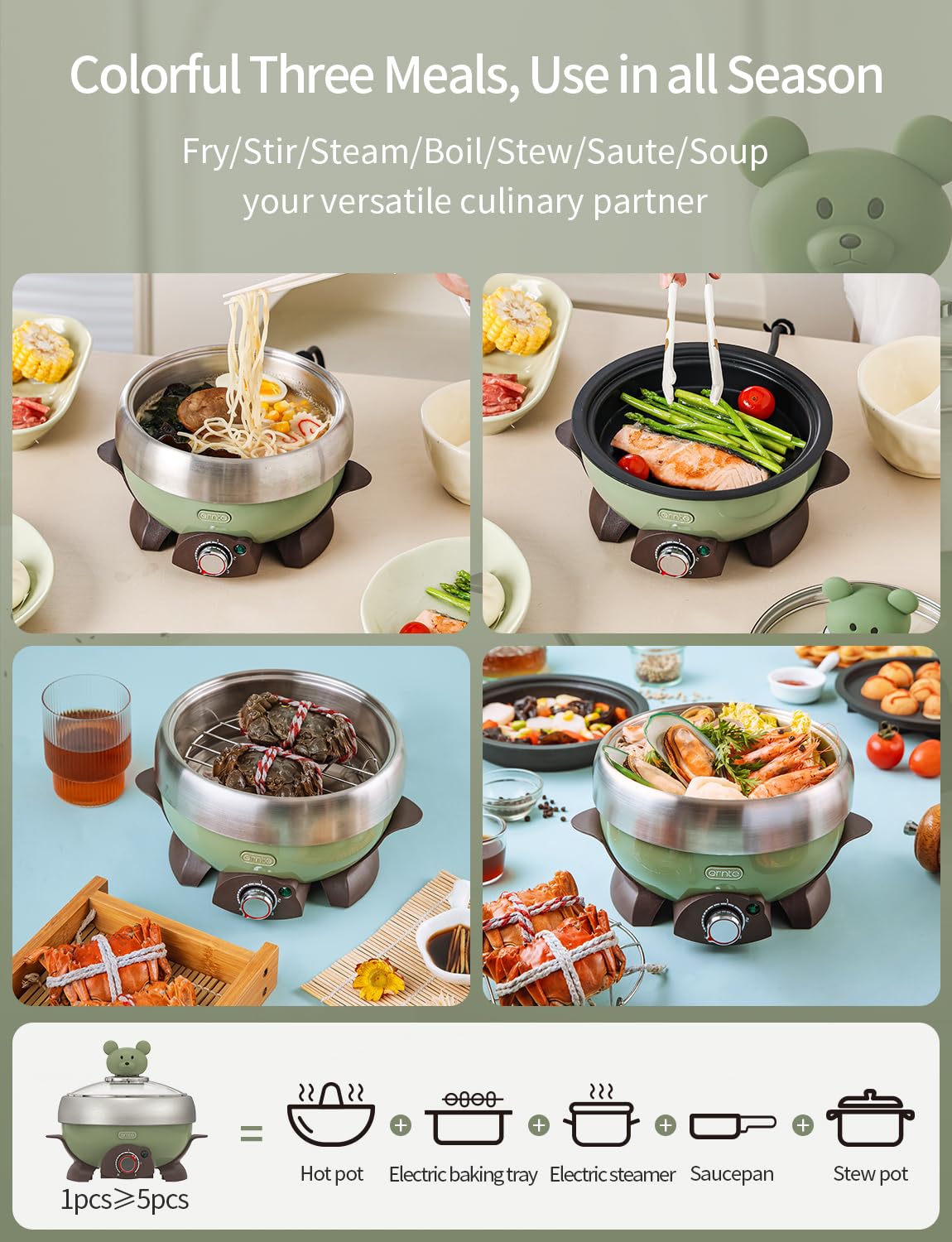 1L Portable 3 in 1 Electric Hot Pot Mini Cooker for Steam Boil and Fry