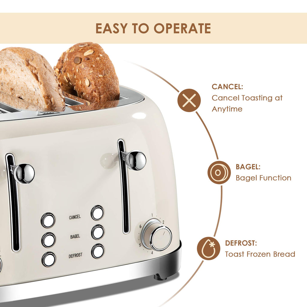 4 Slice Retro Stainless Steel Toaster with Extra Wide Slots