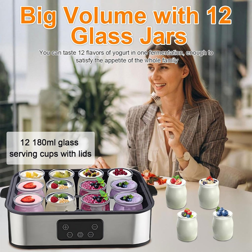 12 Jar Digital Yogurt Maker with Adjustable Temperature and 48 Hour Timer