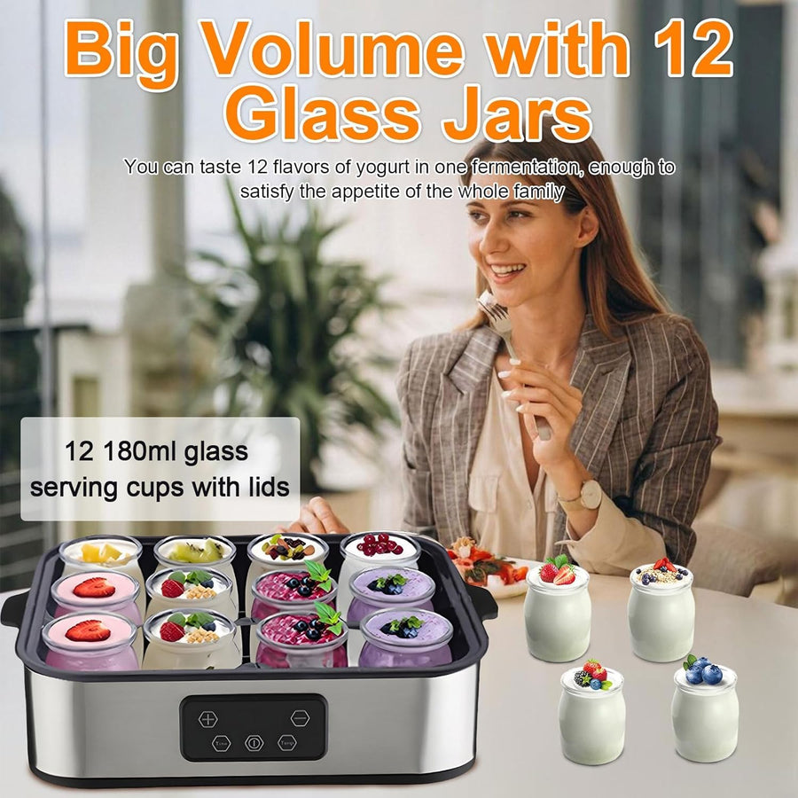 12 Jar Digital Yogurt Maker with Adjustable Temperature and 48 Hour Timer