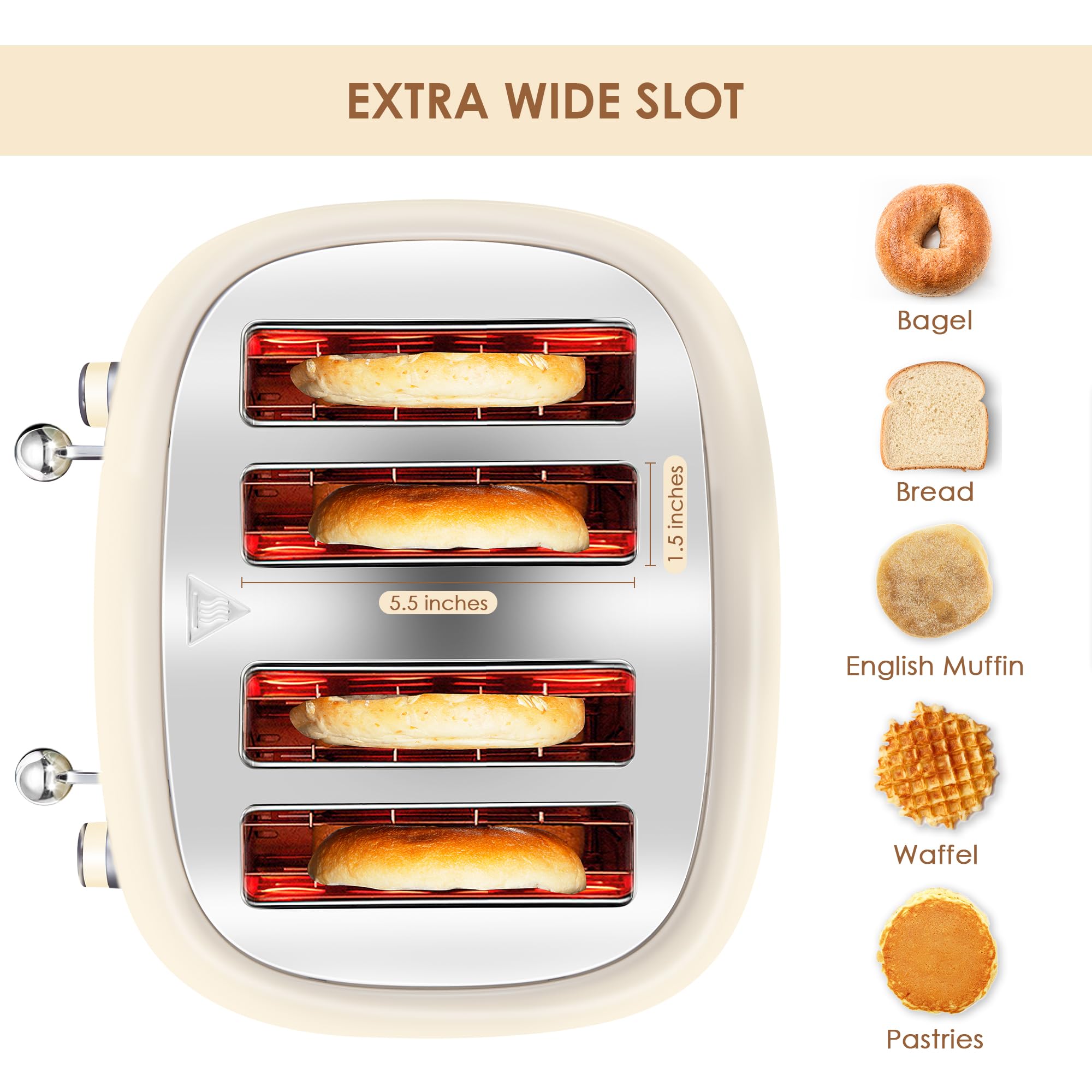 4 Slice Retro Stainless Steel Toaster with Extra Wide Slots
