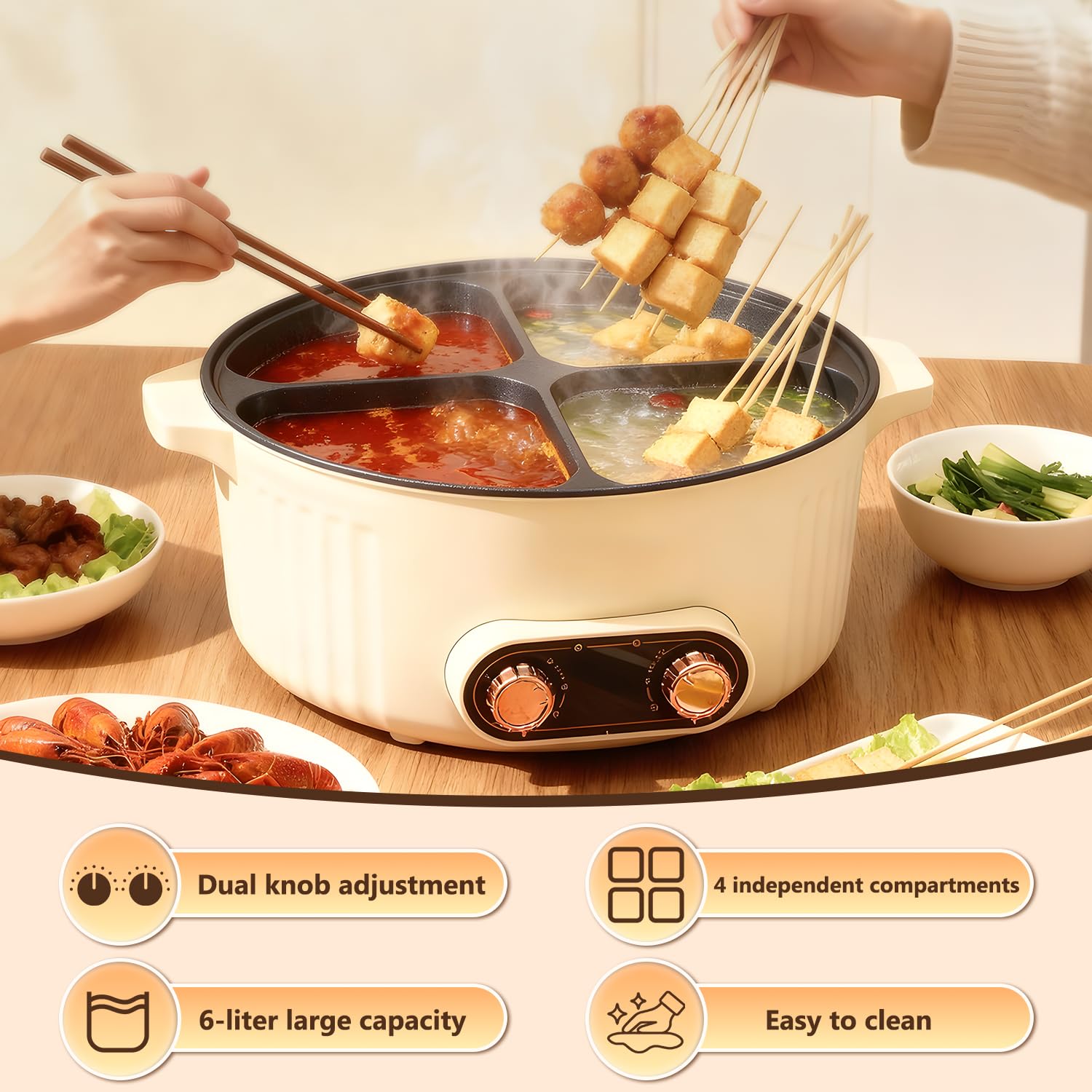 6L Four Compartment Multifunction Electric Hot Pot and Slow Cooker