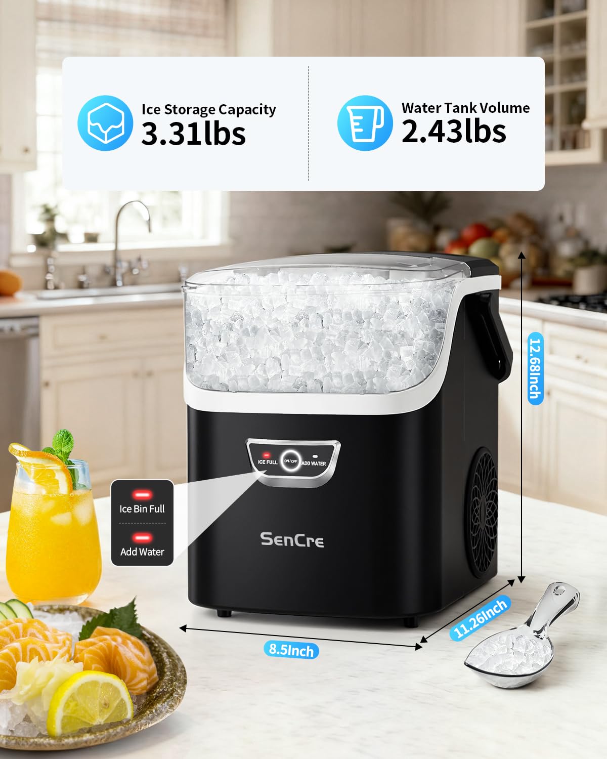 Portable Countertop Nugget Ice Maker with Handle