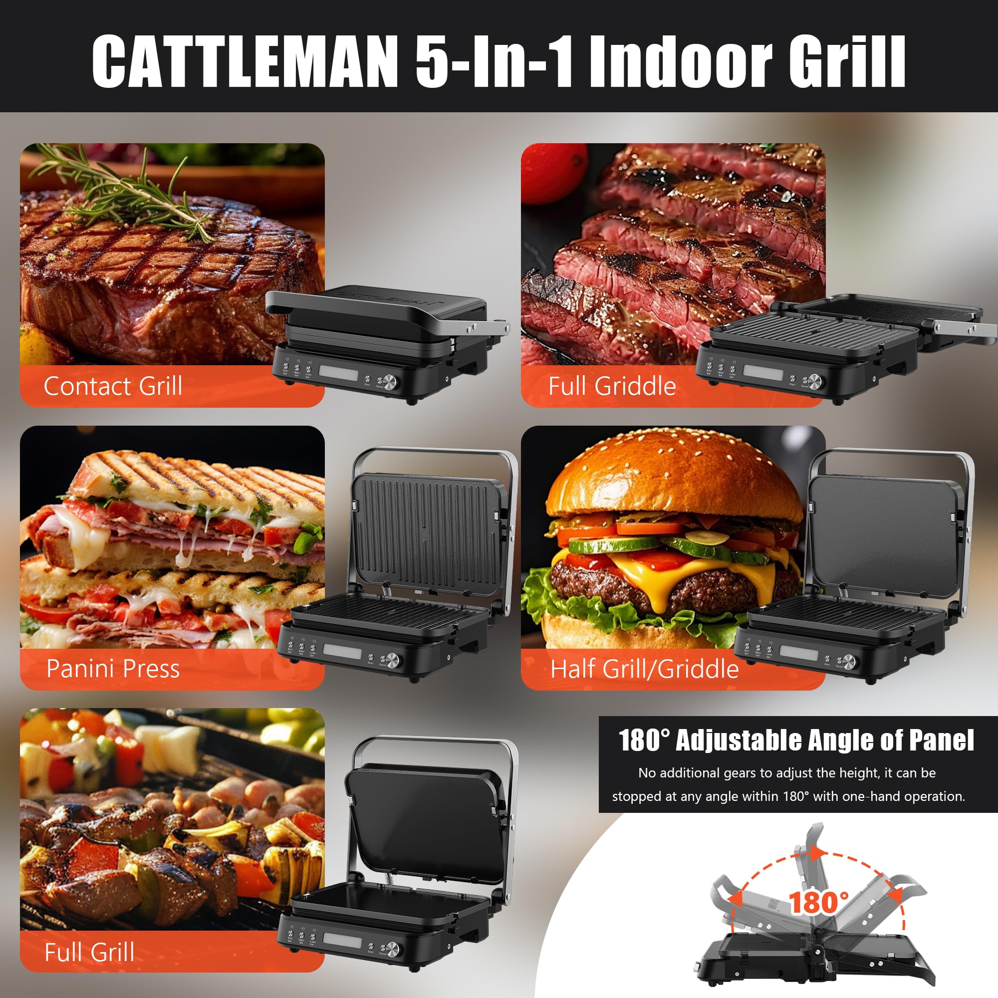 6 in 1 Electric Contact Grill and Griddle with Waffle Plates and Probe