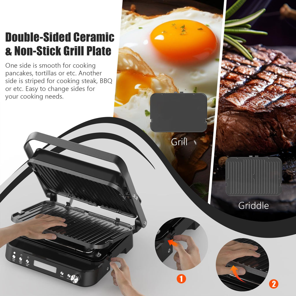 6 in 1 Electric Contact Grill and Griddle with Waffle Plates and Probe