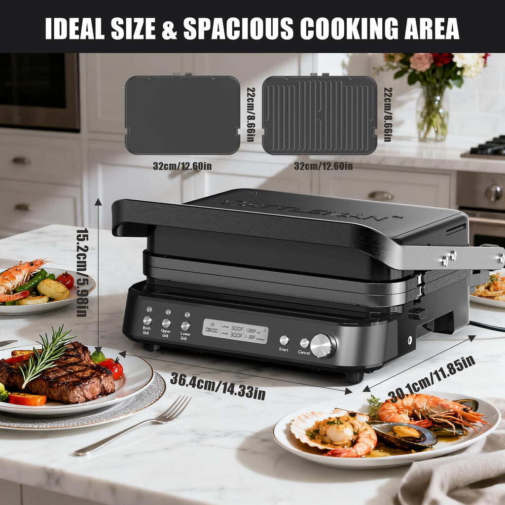 6 in 1 Electric Contact Grill and Griddle with Waffle Plates and Probe