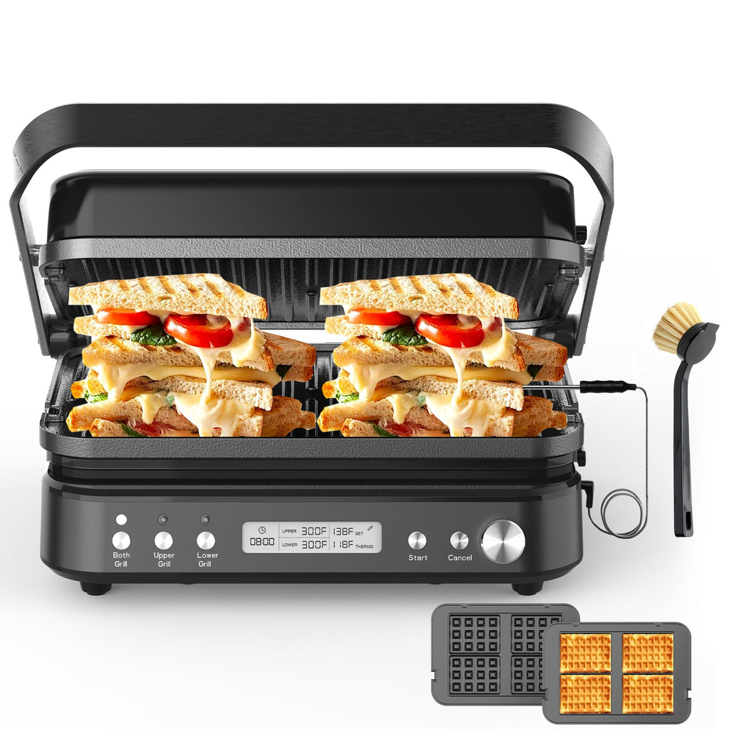 6 in 1 Electric Contact Grill and Griddle with Waffle Plates and Probe