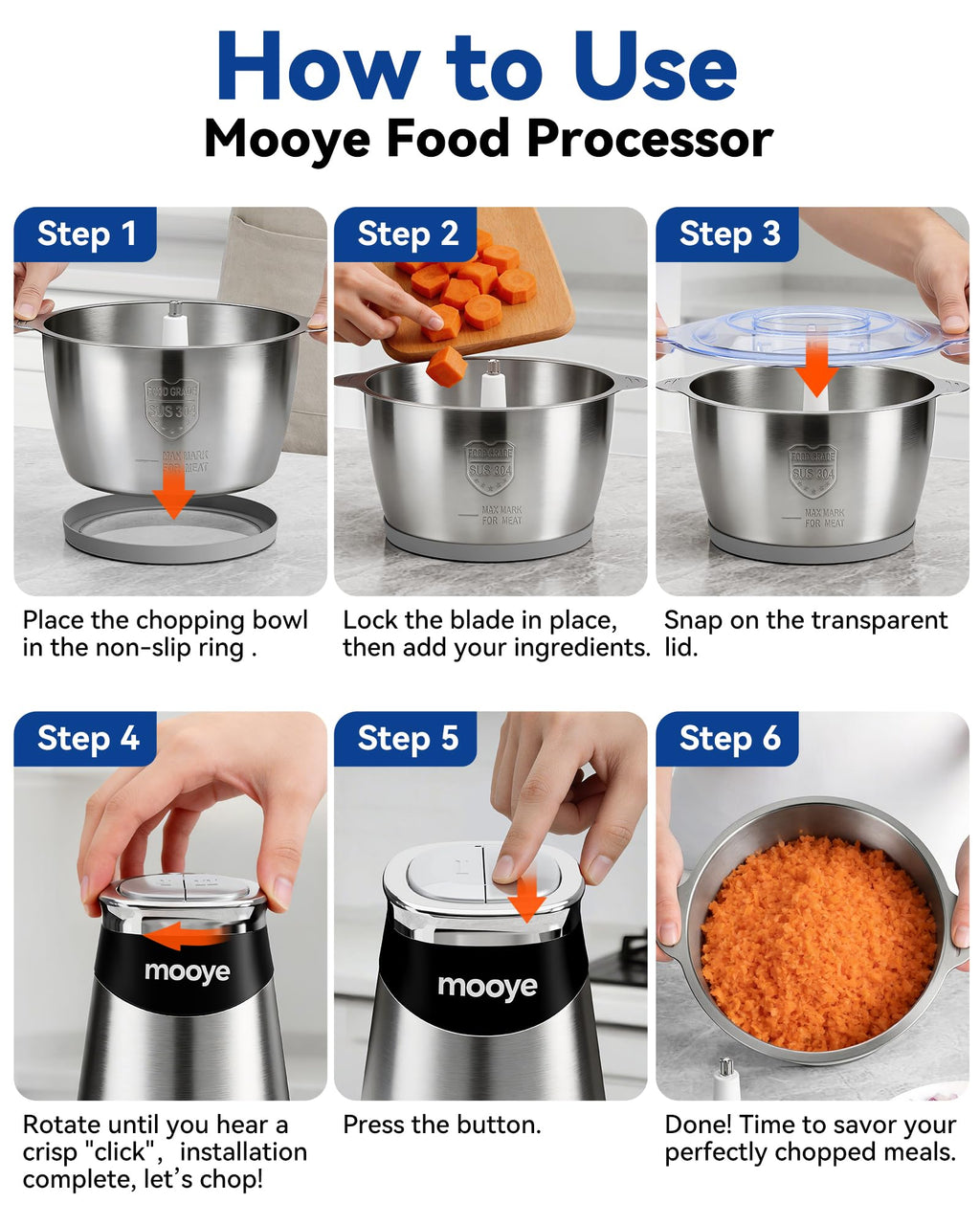 Electric Food Chopper Meat Grinder with Three Bowls and Copper Motor