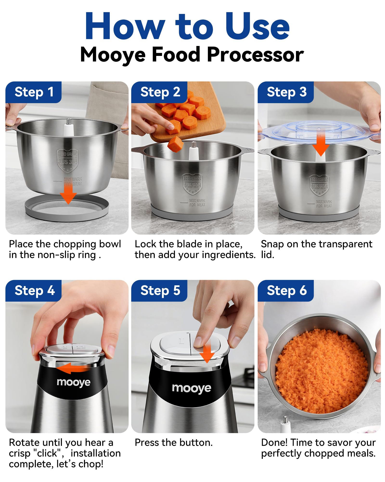 Electric Food Chopper Meat Grinder with Three Bowls and Copper Motor