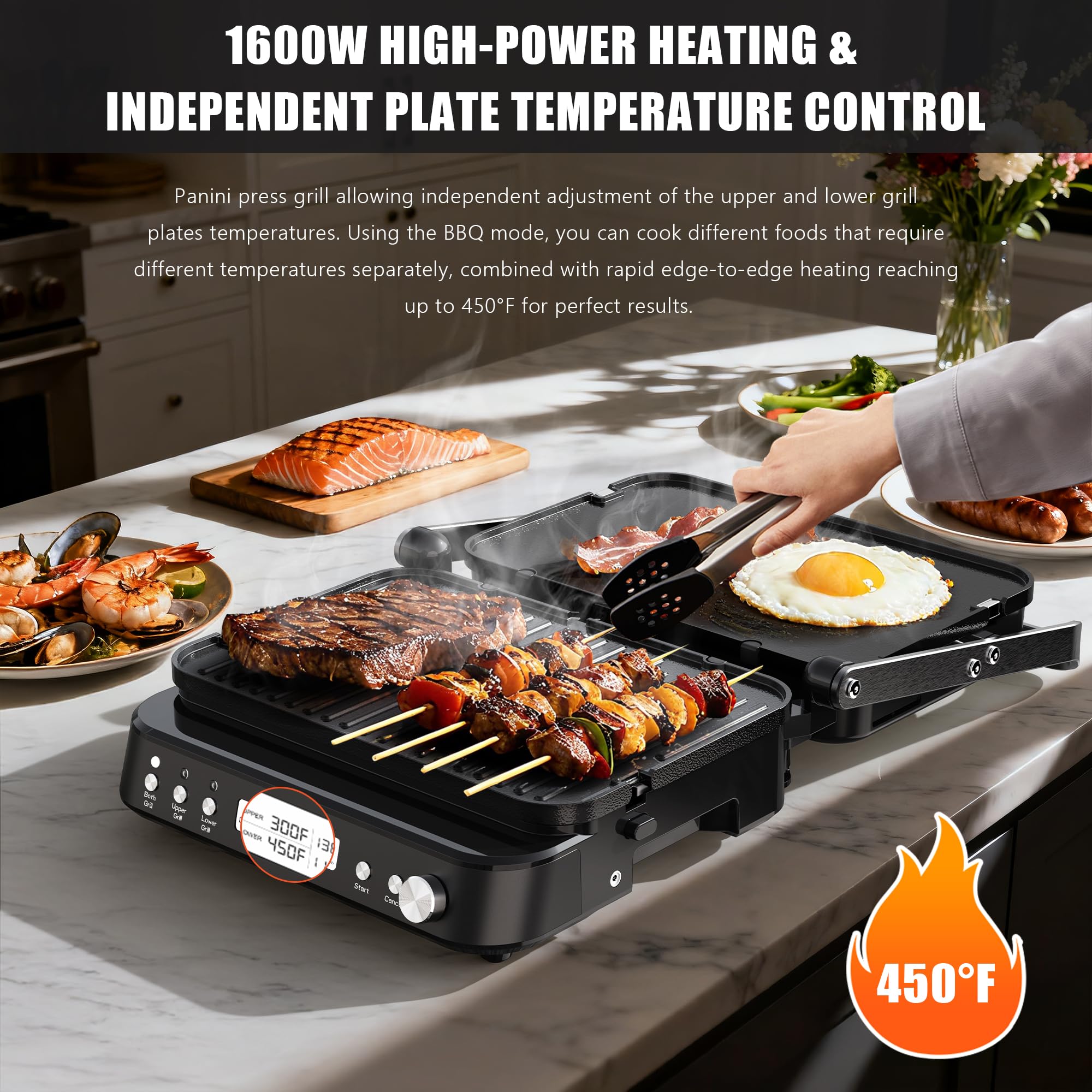 6 in 1 Electric Contact Grill and Griddle with Waffle Plates and Probe