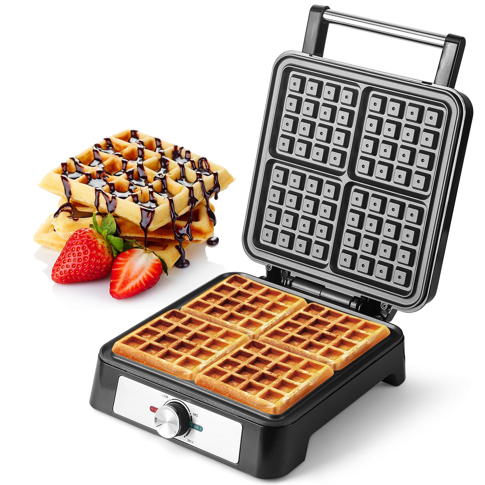 4 Slice Belgian Waffle Maker with Nonstick Plates and 3 Browning Levels