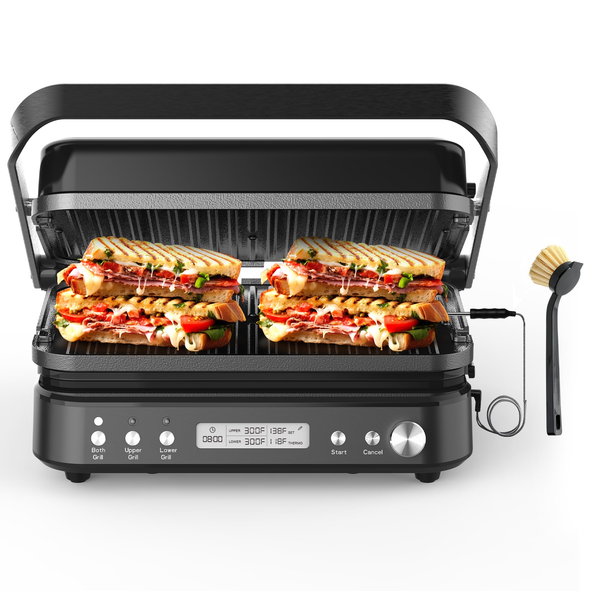6 in 1 Electric Contact Grill and Griddle with Waffle Plates and Probe