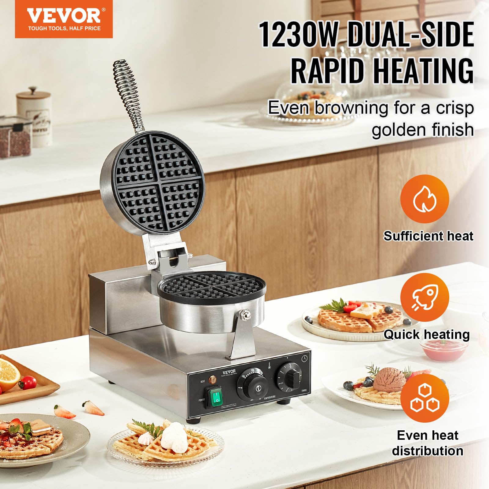 Commercial Stainless Steel Waffle Maker with Browning and Timer Control