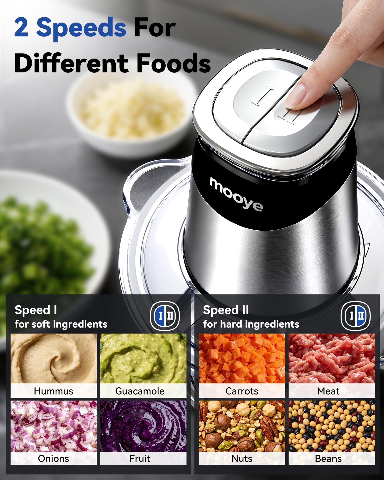 Electric Food Chopper Meat Grinder with Three Bowls and Copper Motor